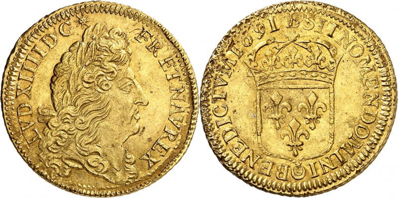 FRANCE
Louis XIV (1643-1715). Double louis à l’écu 1691 B, Rouen, réformation....