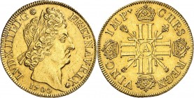 FRANCE
Louis XIV (1643-1715). Double louis d’or aux 8 L et aux insignes 1700 A, Paris, flan neuf.
Av. Tête laurée à droite. Rv. Croix formée de huit...