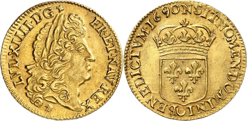 FRANCE
Louis XIV (1643-1715). Louis d’or à l’écu 1690 N, Montpellier, flan neuf...