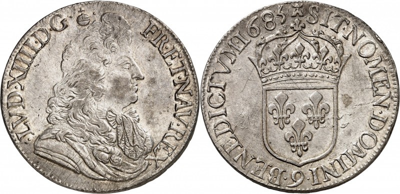 FRANCE
Louis XIV (1643-1715). Écu au jabot 1685 9, Rennes.
Av. Buste cravaté à...