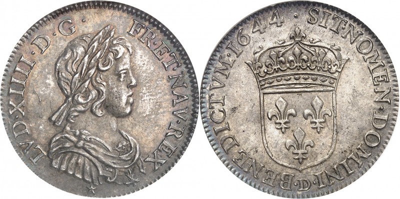 FRANCE
Louis XIV (1643-1715). 1/4 écu à la mèche courte 1644 D, Lyon.
Av. Bust...