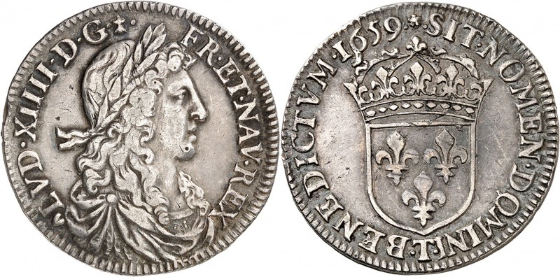 FRANCE
Louis XIV (1643-1715). 1/4 écu 1659 T, Nantes.
Av. Buste lauré et drapé...