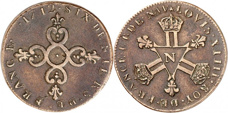 FRANCE
Louis XIV (1643-1715). 6 deniers des dardennes 1712 N, Montpellier, piéf...
