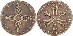 FRANCE
Louis XIV (1643-1715). 6 deniers des dardennes 1712 N, Montpellier, piéfort en bronze.
Av. Croix anillée fleurdelisée. Rv. Triangle adossé de...