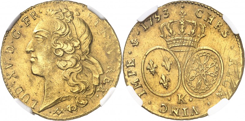 FRANCE
Louis XV (1715-1774). Double louis d’or au bandeau 1753 sur 1743 K, Bord...