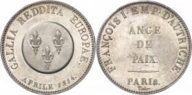 FRANCE
Louis XVIII (1814-1824). 5 francs (module) Ange de paix, visite de François Ier d’Autriche 1814, Paris, tranche inscrite en creux.
Av. Trois ...
