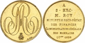 FRANCE
Louis XVIII (1814-1824). 5 francs (module) or 1820, pièce de plaisir pour le ministre d’État des finances M. Roy, transformée en médaille de m...