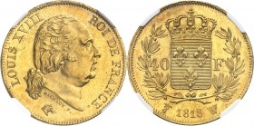 FRANCE
Louis XVIII (1814-1824). 40 francs 1818 W, Lille.
Av. Tête nue à droite. Rv. Écu de France couronné, entouré d’une couronne de laurier.
G. 1...