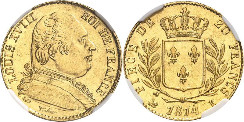 FRANCE
Louis XVIII (1814-1824). 20 francs 1814 K, Bordeaux.
Av. Buste habillé ...