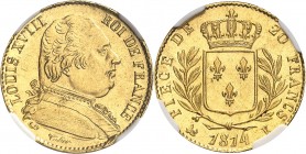FRANCE
Louis XVIII (1814-1824). 20 francs 1814 K, Bordeaux.
Av. Buste habillé à droite. Rv. Écu couronné.
G. 1026, Fr. 527.
Top pop : plus haut gr...