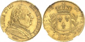 FRANCE
Louis XVIII (1814-1824). 20 francs 1814 W, Lille.
Av. Buste habillé à droite. Rv. Écu de France couronné, entouré d’une couronne de laurier....
