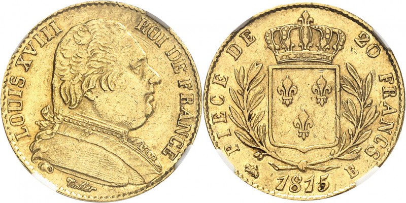 FRANCE
Louis XVIII (1814-1824). 20 francs 1815 B, Rouen.
Av. Buste habillé à d...