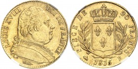 FRANCE
Louis XVIII (1814-1824). 20 francs 1815 B, Rouen.
Av. Buste habillé à droite. Rv. Écu de France couronné, entouré d’une couronne de laurier....