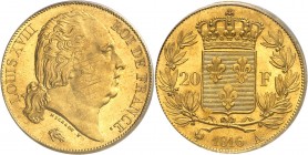 FRANCE
Louis XVIII (1814-1824). 20 francs 1816 A, Paris.
Av. Buste nu à droite. Rv. Écu de France couronné, entouré d’une couronne de laurier.
G. 1...