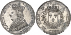 FRANCE
Louis XVIII (1814-1824). 5 francs 1815 A, Paris, essai par Tiolier.
Av. Buste couronné et habillé à gauche. Rv. Écu de France couronné, entou...