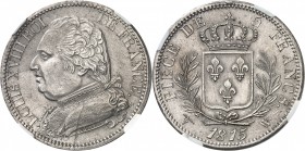 FRANCE
Louis XVIII (1814-1824). 5 francs 1815 W, Lille.
Av. Buste habillé à gauche. Rv. Écu de France couronné, entouré d’une couronne de laurier.
...