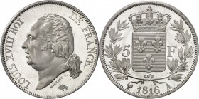 FRANCE
Louis XVIII (1814-1824). 5 francs 1816 A, Paris, frappe sur flan bruni.
Av. Tête nue à gauche. Rv. Écu de France couronné, entouré d’une cour...