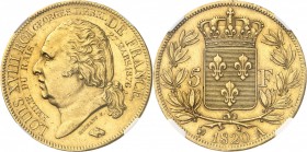 FRANCE
Louis XVIII (1814-1824). 5 francs 1820 A, Paris, frappe de présentation en or, tranche inscrite, gravure dans les champs à l’avers « Emilie Du...