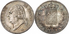 FRANCE
Louis XVIII (1814-1824). 5 francs 1823 A, Paris.
Av. Tête nue à gauche. Rv. Écu de France couronné, entouré d’une couronne de laurier.
G. 59...