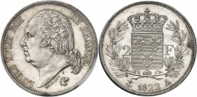 FRANCE
Louis XVIII (1814-1824). 2 francs 1822 A, Paris.
Av. Tête nue à gauche. Rv. Écu de France couronné, entouré d’une couronne de laurier.
G. 51...