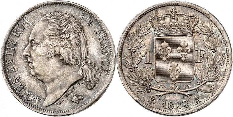 FRANCE
Louis XVIII (1814-1824). 1 franc 1822 A, Paris.
Av. Tête nue à gauche. ...