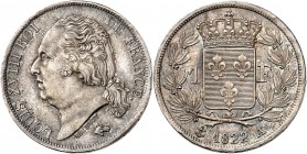 FRANCE
Louis XVIII (1814-1824). 1 franc 1822 A, Paris.
Av. Tête nue à gauche. Rv. Écu de France couronné, entouré d’une couronne de laurier.
G. 465...