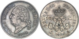 FRANCE
Louis XVIII (1814-1824). 10 centimes 1824, Paris, piéfort essai en argent, émission générale pour les Colonies.
Av. Tête nue à gauche Rv. Deu...