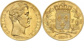 FRANCE
Charles X (1824-1830). 20 francs 1830 A, Paris, tranche striée.
Av. Tête nue à droite. Rv. Écu de France couronné, entouré d’une couronne de ...