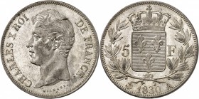 FRANCE
Charles X (1824-1830). 5 francs 1830, Paris, tranche en relief.
Av. Tête nue à gauche. Rv. Écu de France couronné, entouré d’une couronne de ...