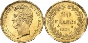 FRANCE
Louis Philippe Ier (1830-1848). 20 francs or 1831 A, Paris, tranche en creux.
Av. Tête nue à gauche. Rv. Valeur dans une couronne.
G. 1030, ...