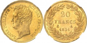 FRANCE
Louis Philippe Ier (1830-1848). 20 francs or 1831 A, Paris, tranche en relief.
Av. Tête nue à gauche. Rv. Valeur dans une couronne.
G. 1030a...