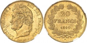 FRANCE
Louis Philippe Ier (1830-1848). 20 francs 1840 W, Lille, caducée.
Av. Tête laurée à gauche. Rv. Valeur dans une couronne.
G. 1031, Fr. 560....