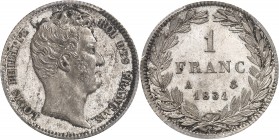 FRANCE
Louis Philippe Ier (1830-1848). 1 franc 1831 A, Paris.
Av. Tête nue à droite Rv. Valeur dans une couronne de laurier.
G. 452.
PCGS MS 65. F...