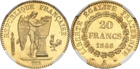 FRANCE
IIe République (1848-1852). 20 francs 1848 A, Paris.
Av. Le Génie gravant le mot constitution sur une table. Rv. Valeur dans une couronne.
G...
