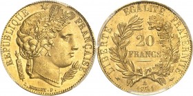 FRANCE
II République (1848-1852). 20 francs or 1851 A, Paris.
Av. Tête de Cérès à droite. Rv. Valeur dans une couronne.
G.1059, Fr. 566.
PCGS MS 6...
