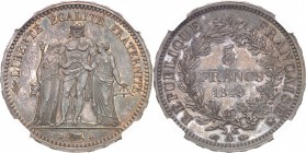 FRANCE
IIe République (1848-1852). 5 francs 1849 A, Paris, frappe sur flan bruni.
Av. Hercule, la Liberté et l’Egalite debout. Rv. Valeur dans une c...
