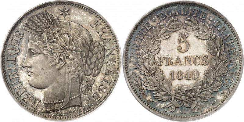 FRANCE
IIe République (1848-1852). 5 francs 1849, Paris, frappe sur flan bruni....
