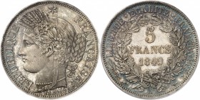 FRANCE
IIe République (1848-1852). 5 francs 1849, Paris, frappe sur flan bruni.
Av. Tête de Cérès à gauche. Rv. Valeur dans une couronne.
G. 719.
...