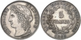 FRANCE
IIe République (1848-1852). 5 francs 1848, concours de Dieudonné, essai en argent, tranche lisse.
Av. Tête laurée à gauche. Rv. Valeur dans u...