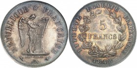 FRANCE
IIe République (1848-1852). 5 francs 1848, concours de Dupré, essai en argent, tranche lisse.
Av. Génie gravant le mot constitution sur la ta...
