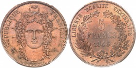 FRANCE
IIe République (1848-1852). 5 francs 1848, concours en bronze de Farochon.
Av. Tête radiée de face Rv. Valeur dans une couronne.
Maz. 1280....