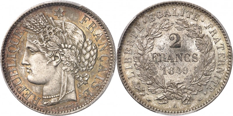 FRANCE
II République (1848-1852). 2 francs 1849 A, Paris.
Av. Tête de Cérès à ...