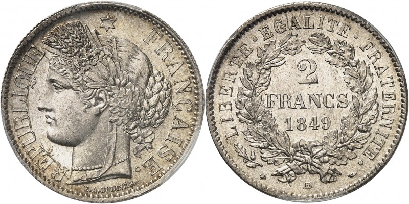 FRANCE
IIe République (1848-1852). 2 francs 1849 BB, Strasbourg.
Av. Tête de C...