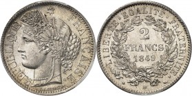 FRANCE
IIe République (1848-1852). 2 francs 1849 BB, Strasbourg.
Av. Tête de Cérès à gauche. Rv. Valeur dans une couronne.
G. 522.
Top pop : seul ...