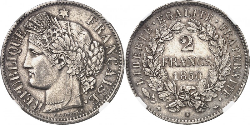 FRANCE
IIe République (1848-1852). 2 francs 1850 BB, Strasbourg.
Av. Tête de C...