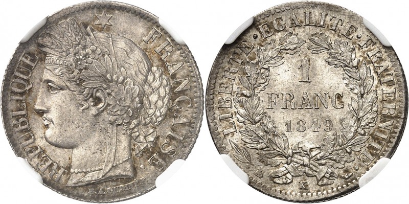 FRANCE
IIe République (1848-1852). 1 franc 1849 K, Bordeaux.
Av. Tête de Cérès...
