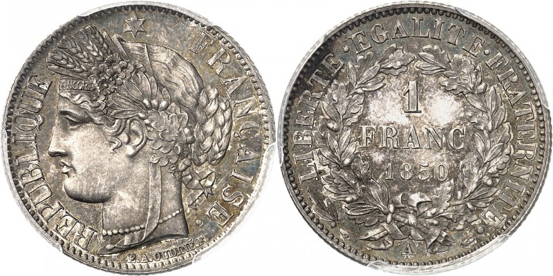 FRANCE
IIe République (1848-1852). 1 franc 1850 A, Paris, épreuve sur flan brun...