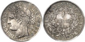 FRANCE
IIe République (1848-1852). 1 franc 1850 A, Paris, épreuve sur flan bruni.
Av. Tête de Cérès à gauche. Rv. Valeur dans une couronne.
G. 457....