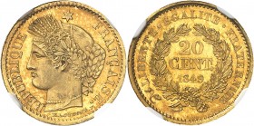 FRANCE
IIe République (1848-1852). 20 centimes 1849, préserie en or, tranche lisse.
Av. Tête de Cérès à gauche. Rv. Valeur dans une couronne.
Maz. ...