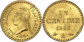 FRANCE
IIe République (1848-1852). 1 centime 1848, essai en bronze doré.
Av. Tête de la République à gauche. Rv. Valeur et date.
Maz. 1199 var. gil...
